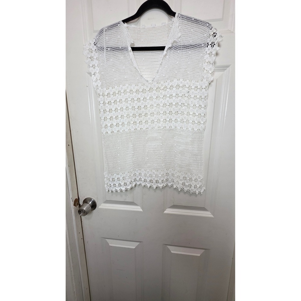 Unbranded Crochet Knit Top Women S White Floral Boho Mesh V-Neck Sleeveless